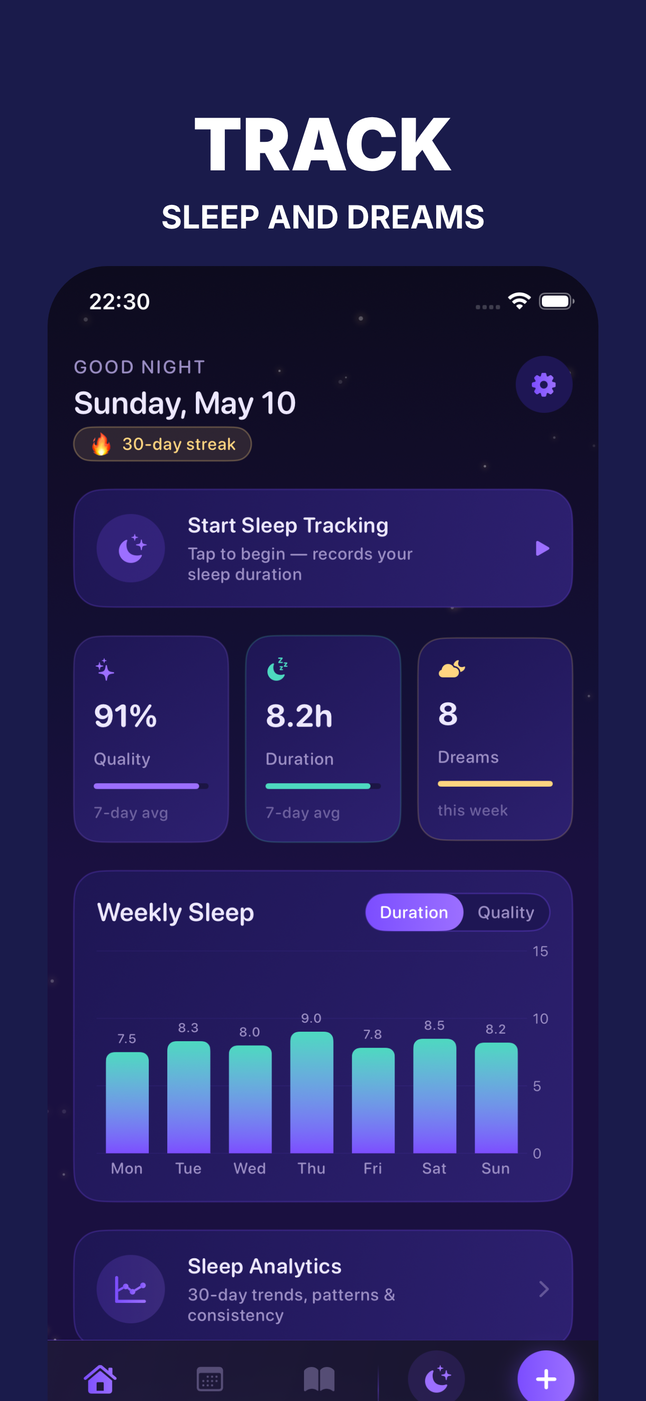 Sleep Notes AI home screen with sleep tracking, weekly sleep chart, dream count, and quality score