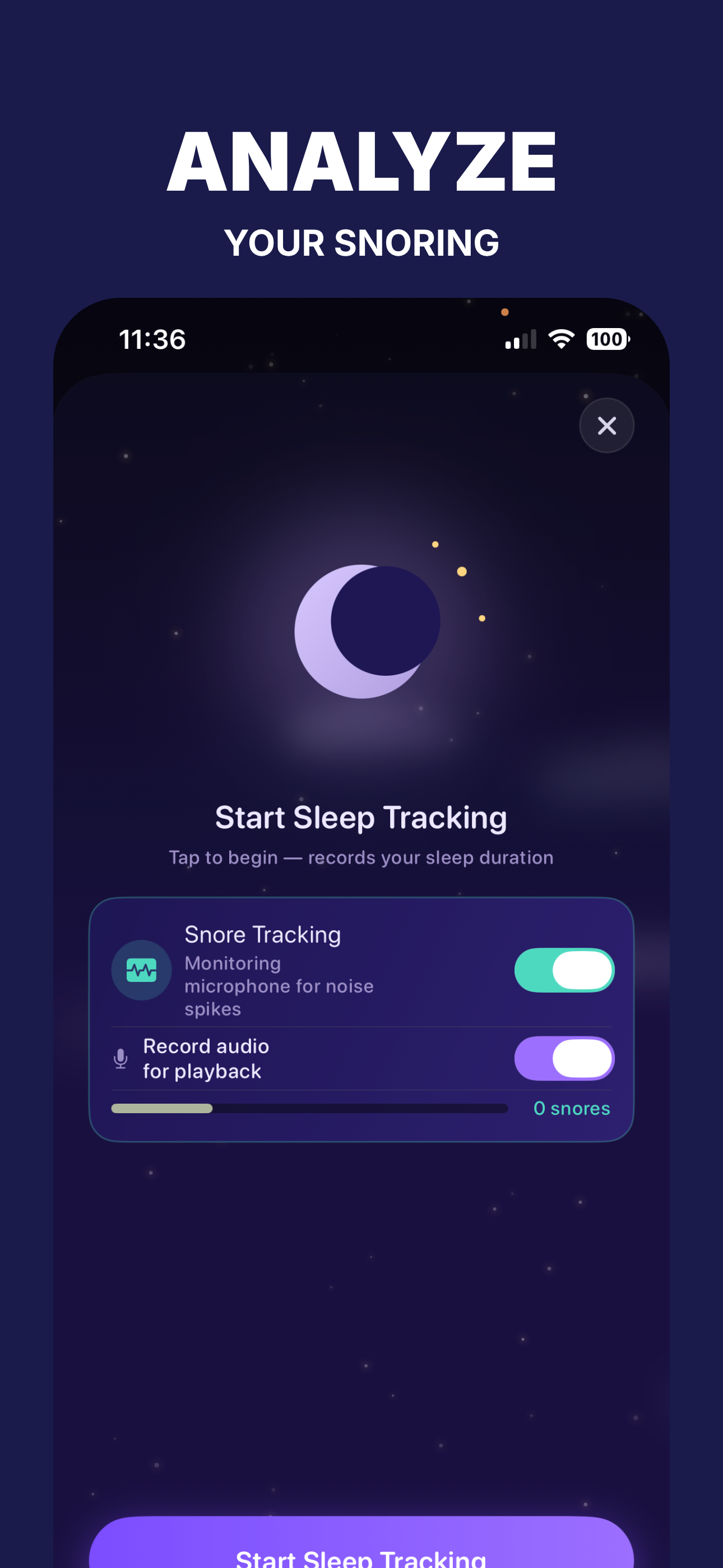 Snore tracking controls during a sleep session