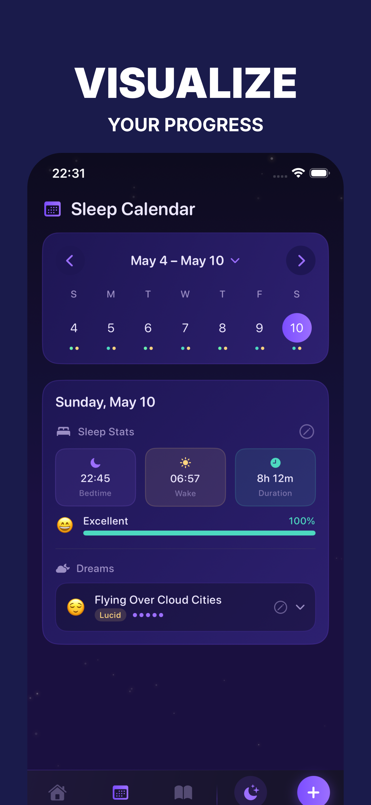 Sleep calendar with selected day stats and dream entry